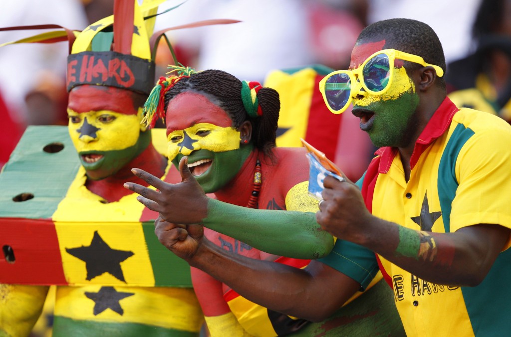 Ghana fans cheer their team during their African Nations Cup Group B soccer match against Mali at the Nelson Mandela Bay Stadium in Port Elizabet