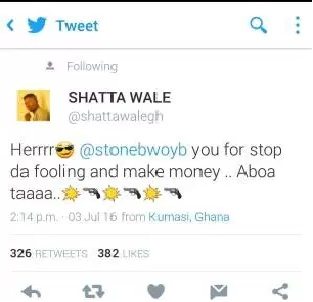 Shatta's Tweet to Stonebwoy