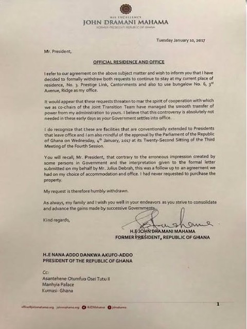 Mahama withdraws request to keep Cantonments residence